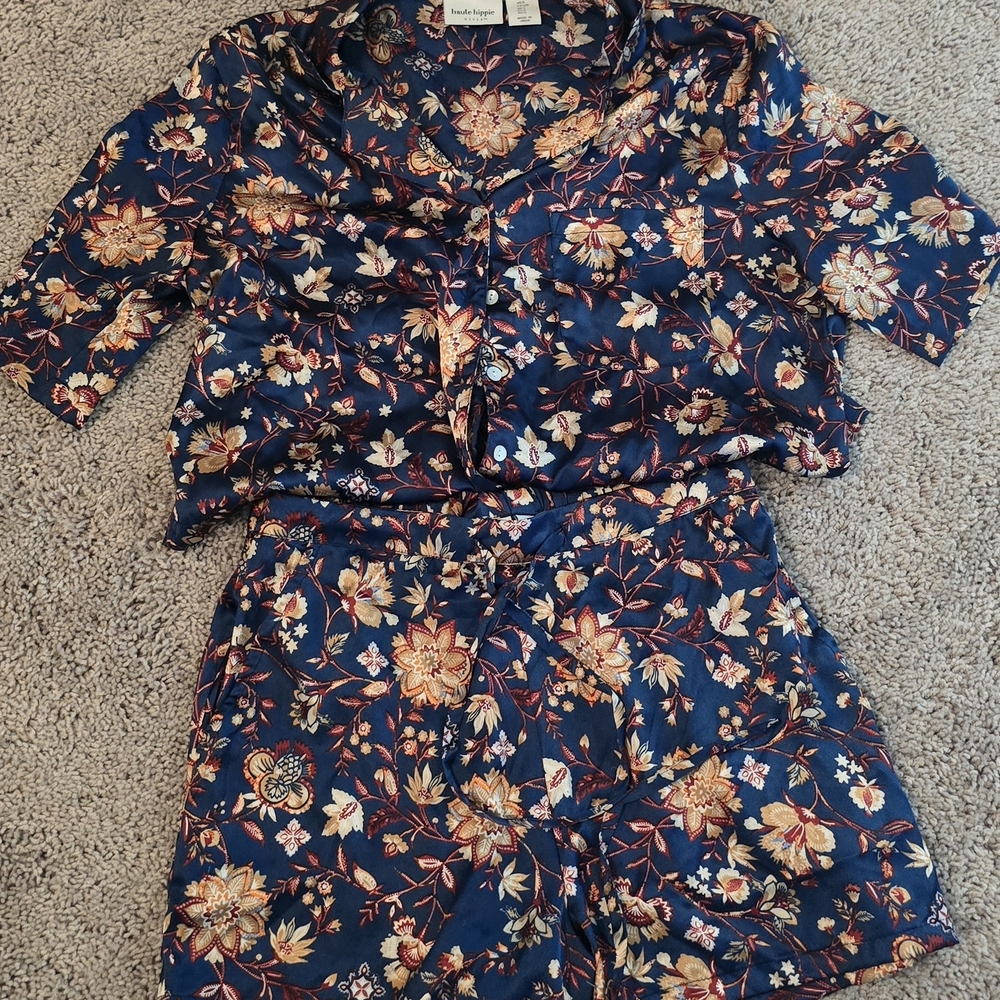 Haute Hippie Floral Pajama Set - Navy and Gold